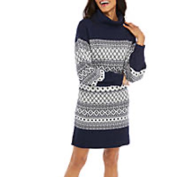 Crown & Ivy navy/gray/white roll neck eyelash print sweater dress size M - Picture 1 of 5
